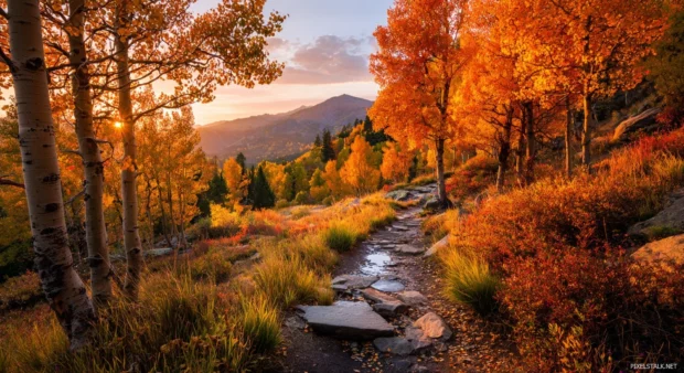 4k autumn desktop wallpaper depicting mountain trail set amid fiery aspen trees under soft sunset.