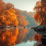 4k autumn desktop wallpaper presenting wide riverbend flanked by glowing fall trees on both banks.
