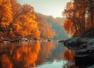 4k autumn desktop wallpaper presenting wide riverbend flanked by glowing fall trees on both banks.
