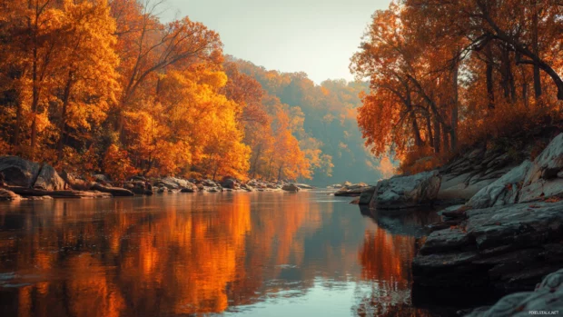 4k autumn desktop wallpaper presenting wide riverbend flanked by glowing fall trees on both banks.