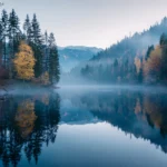 4k autumn laptop wallpaper showing high resolution misty forest reflecting in a lake at dawn.