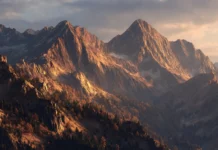 4k fall mountain wallpaper rendering ultra detailed autumn peaks bathed in golden hour light.