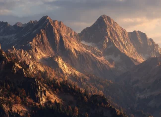 4k fall mountain wallpaper rendering ultra detailed autumn peaks bathed in golden hour light.