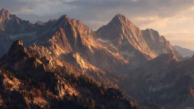4k fall mountain wallpaper rendering ultra detailed autumn peaks bathed in golden hour light.
