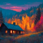 4k fall wallpaper autumn glow scene with cozy cabin in woods surrounded by colorful trees at twilight.