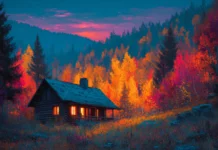 4k fall wallpaper autumn glow scene with cozy cabin in woods surrounded by colorful trees at twilight.