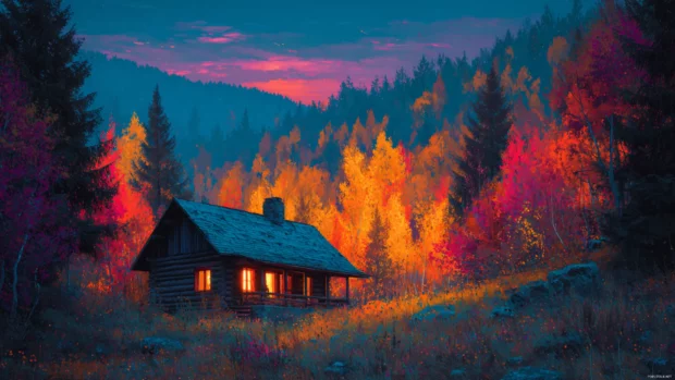 4k fall wallpaper autumn glow scene with cozy cabin in woods surrounded by colorful trees at twilight.