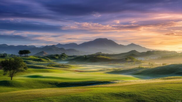 4k golf wallpapers, A stunning view of a golf course at sunrise, showcasing the dew on the grass and the distant mountains.