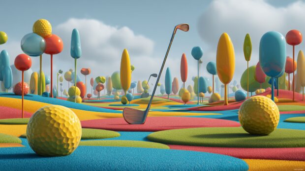4k golf wallpapers, A whimsical scene with animated golf clubs and colorful golf balls set against a fun, playful golf course design.