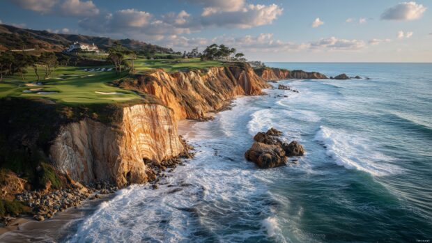 4k golf wallpapers, An expansive view of a championship golf course perched on cliffs with crashing waves below, combining nature and sport.