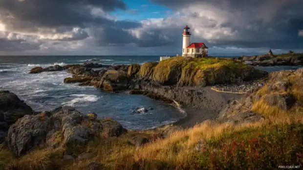 4k lighthouse desktop wallpaper with ultra HD clarity showing rugged shore and rolling ocean under dramatic sky.