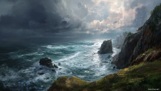 4k ocean desktop wallpaper with dramatic cliffside overlooking turbulent sea and cloudy sky.