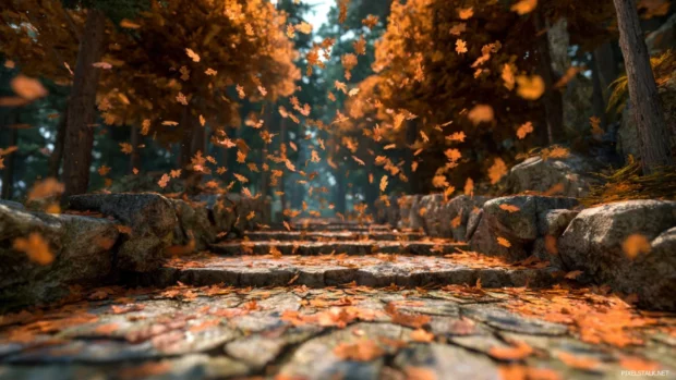A 3D art scene of Fall leaves falling gently over a stone pathway leading into a dense autumn forest.