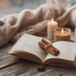 A Cozy Autumn morning with an open book, cinnamon sticks, and candles on a wooden table in soft Aesthetic tones.