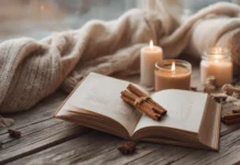 A Cozy Autumn morning with an open book, cinnamon sticks, and candles on a wooden table in soft Aesthetic tones.