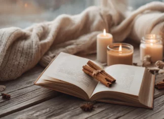 A Cozy Autumn morning with an open book, cinnamon sticks, and candles on a wooden table in soft Aesthetic tones.