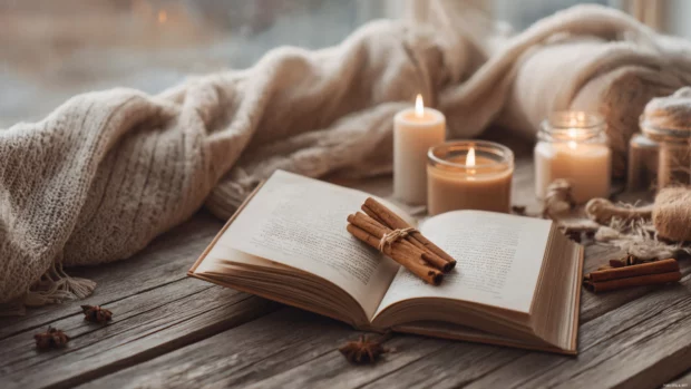 A Cozy Autumn morning with an open book, cinnamon sticks, and candles on a wooden table in soft Aesthetic tones.