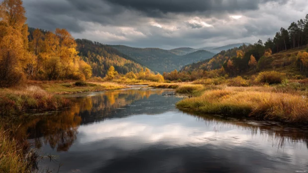 A Peaceful autumn landscape with a river winding through golden forests under a cloudy sky, tranquil reflections on the water.