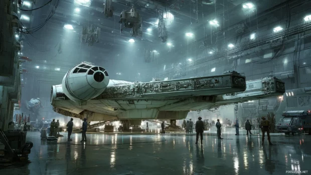 A Star Wars scene of the Millennium Falcon resting in a quiet hangar surrounded by droids and rebel soldiers.