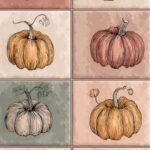 A boho style pumpkin tile set with hand sketched lines and muted fall tones.