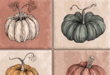 A boho style pumpkin tile set with hand sketched lines and muted fall tones.