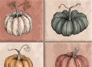 A boho style pumpkin tile set with hand sketched lines and muted fall tones.