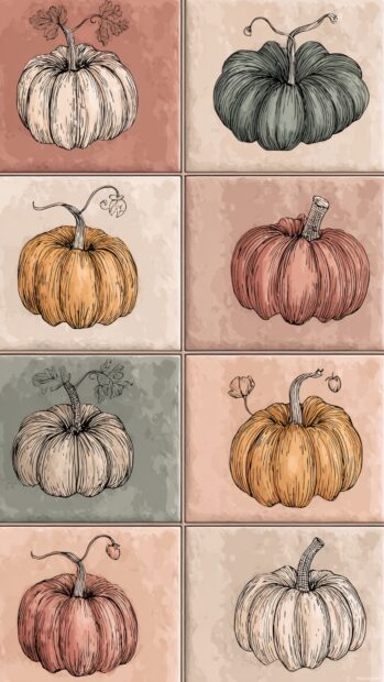 A boho style pumpkin tile set with hand sketched lines and muted fall tones.