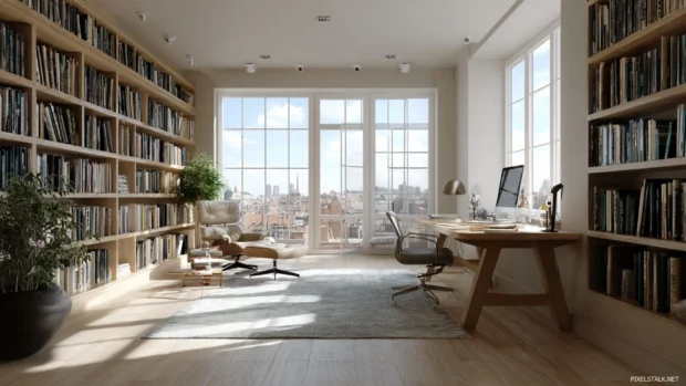 A bright and airy library wallpaper that encourages productivity, with ample natural light and open spaces for study.