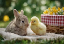 A bunny and chick sharing a tiny picnic on a blanket, embodying cute baby animal desktop wallpaper hd with vibrant colors and charming composition.