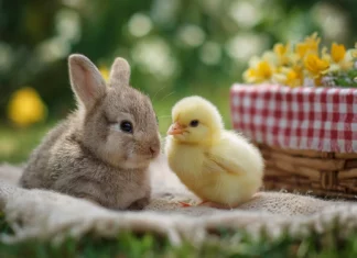 A bunny and chick sharing a tiny picnic on a blanket, embodying cute baby animal desktop wallpaper hd with vibrant colors and charming composition.