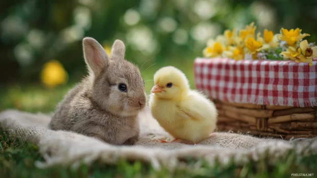 A bunny and chick sharing a tiny picnic on a blanket, embodying cute baby animal desktop wallpaper hd with vibrant colors and charming composition.