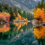 A calm lake reflects the vibrant tapestry of autumn trees surrounding it in this picture perfect landscape view.