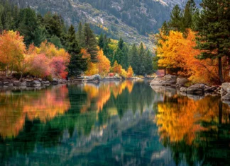 A calm lake reflects the vibrant tapestry of autumn trees surrounding it in this picture perfect landscape view.