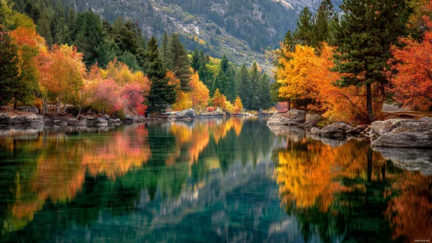 A calm lake reflects the vibrant tapestry of autumn trees surrounding it in this picture perfect landscape view.