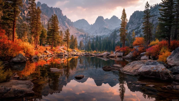 A calm mountain lake reflecting the fiery colors of Fall trees and towering peaks in the background.