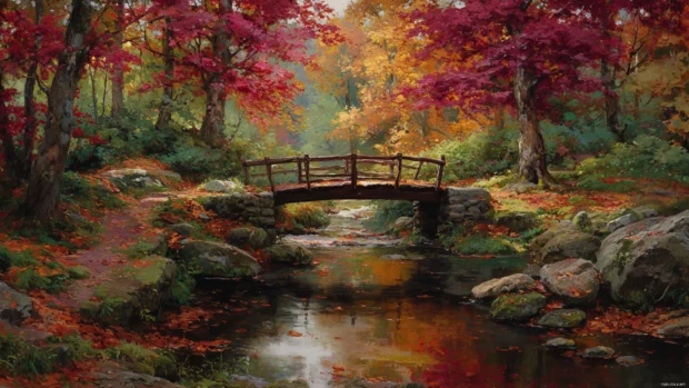 A charming Autumn bridge crossing a small stream surrounded by glowing trees and scattered leaves.
