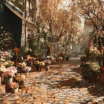 A charming Autumn street filled with cozy flower stands displaying rich seasonal blooms and fallen leaves.