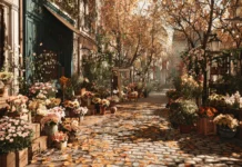 A charming Autumn street filled with cozy flower stands displaying rich seasonal blooms and fallen leaves.
