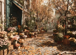 A charming Autumn street filled with cozy flower stands displaying rich seasonal blooms and fallen leaves.
