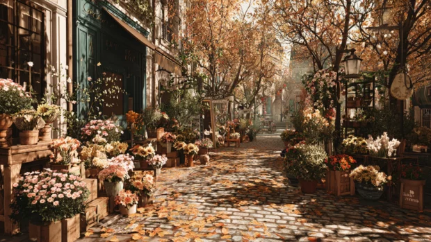 A charming Autumn street filled with cozy flower stands displaying rich seasonal blooms and fallen leaves.