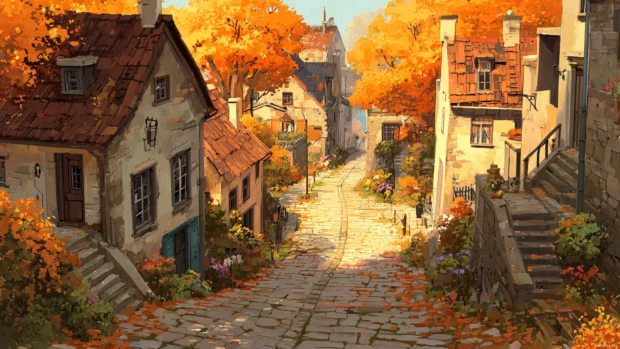 A charming Autumn village with cobblestone streets, warm toned houses, and trees bursting with orange leaves.