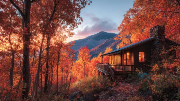 A charming Fall cabin resting at the base of a mountain, surrounded by glowing red and orange trees.