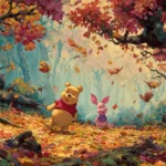 A charming autumn day in the Hundred Acre Wood with Piglet and Pooh playing among vibrant falling leaves.