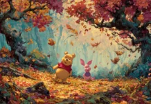 A charming autumn day in the Hundred Acre Wood with Piglet and Pooh playing among vibrant falling leaves.