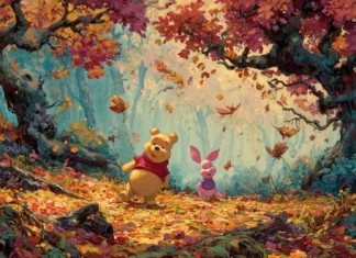 A charming autumn day in the Hundred Acre Wood with Piglet and Pooh playing among vibrant falling leaves.