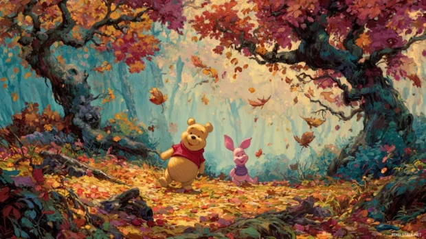 A charming autumn day in the Hundred Acre Wood with Piglet and Pooh playing among vibrant falling leaves.
