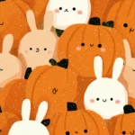 A charming design of round cute pumpkins with bunny ears and sweet faces in a repeating pattern.