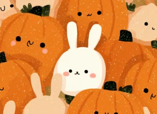 A charming design of round cute pumpkins with bunny ears and sweet faces in a repeating pattern.