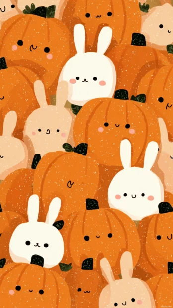 A charming design of round cute pumpkins with bunny ears and sweet faces in a repeating pattern.