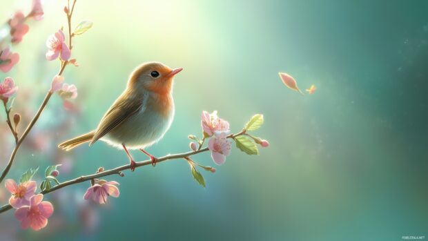 A charming simple background wallpaper of a tiny bird perched on a delicate branch with tiny pastel flowers.